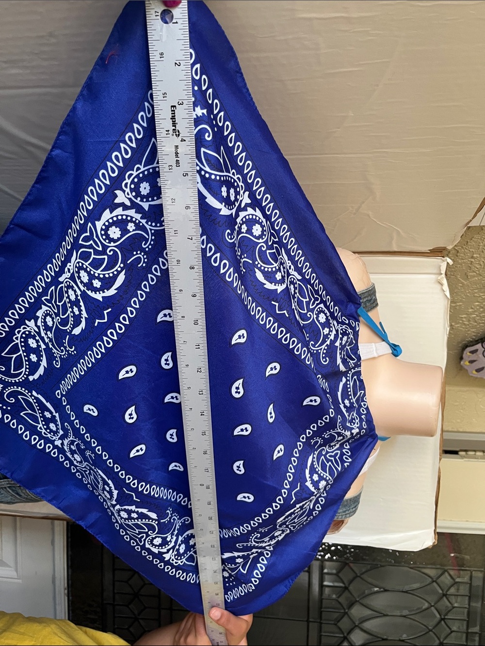 Classic Blue Paisley Bandana. Width is 29” plus the string on the back. S-Large